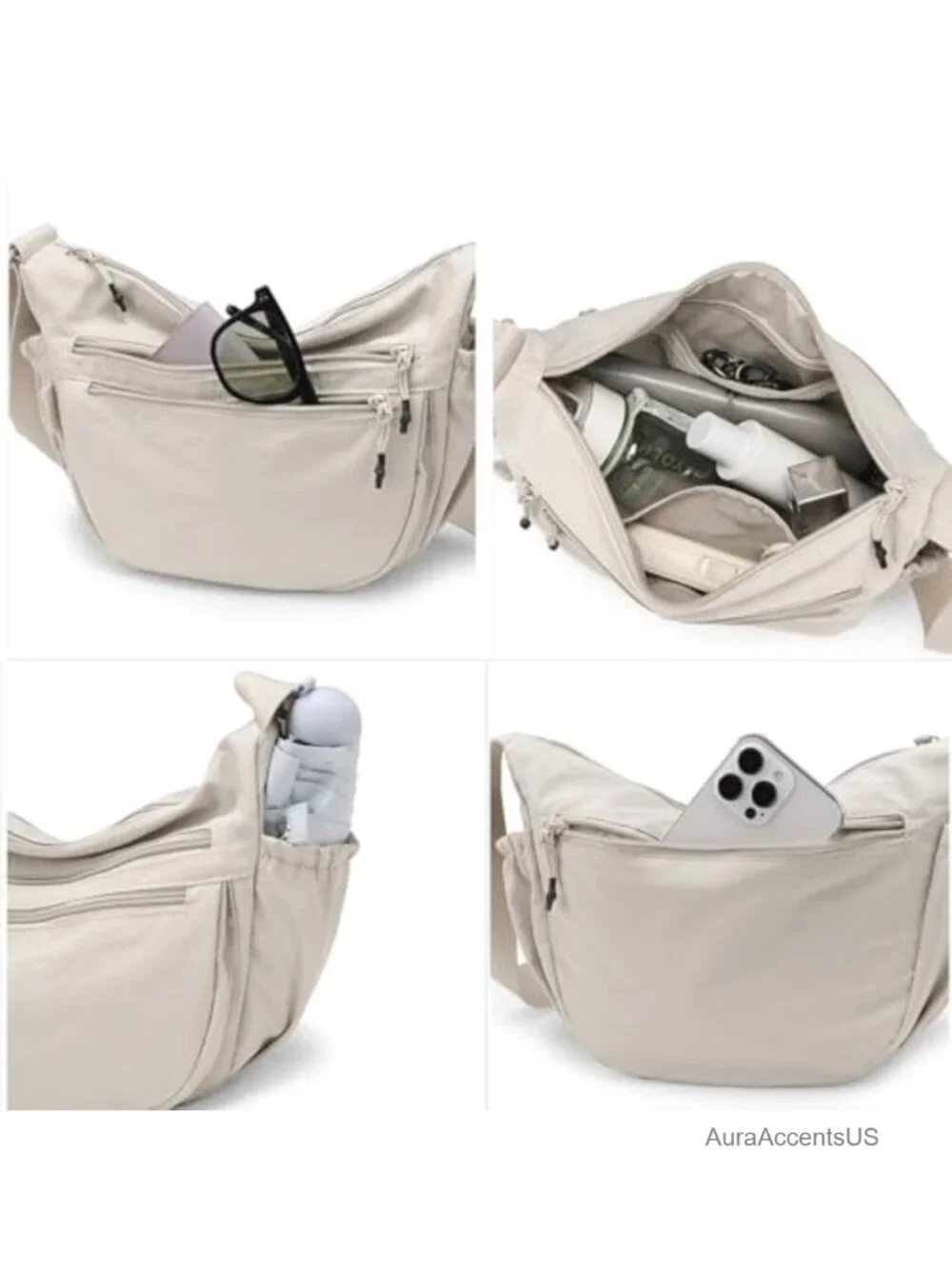 Nylon Crescent Crossbody Bag Lightweight Hobo Multi-Pocket Shoulder Purse